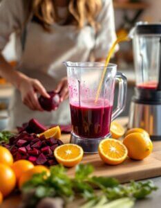 Persona preparando jugo de betabel con naranjas frescas en una licuadora sobre una mesa de cocina