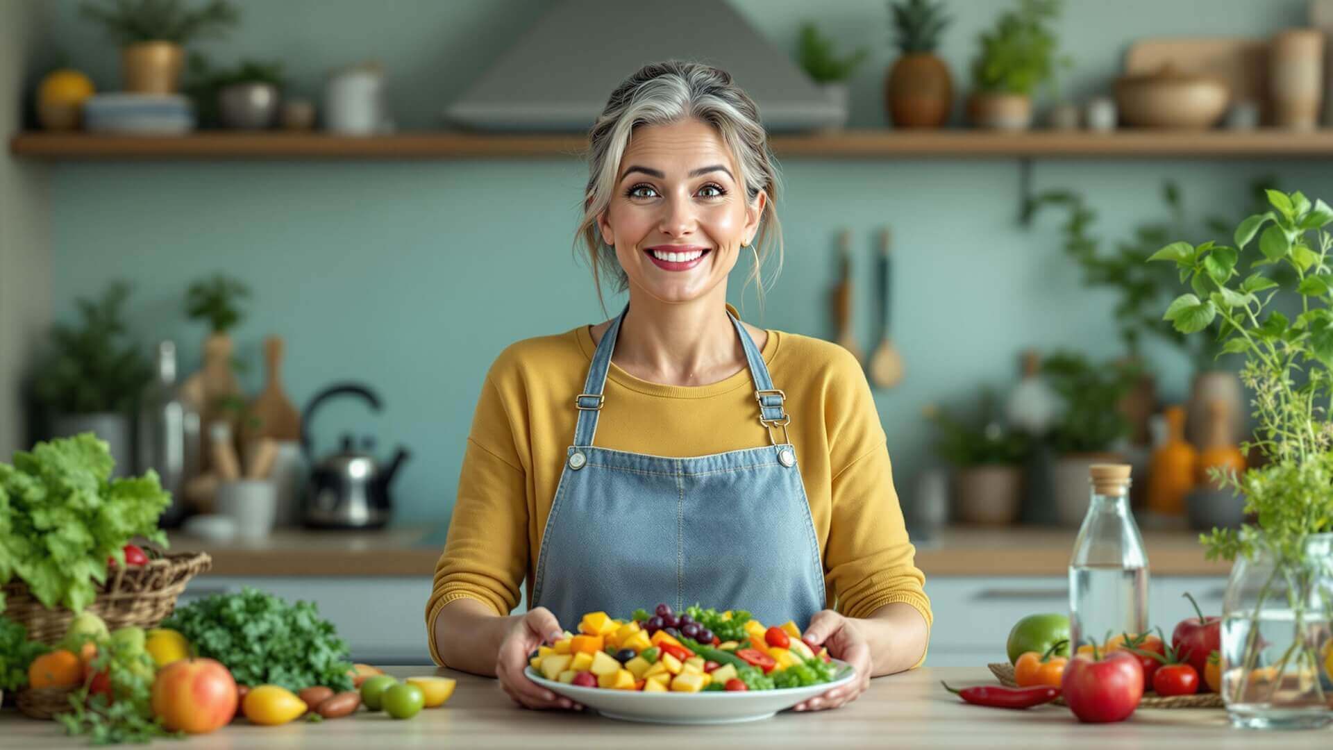 Mujer mayor sonriendo mientras prepara una ensalada saludable en la cocina