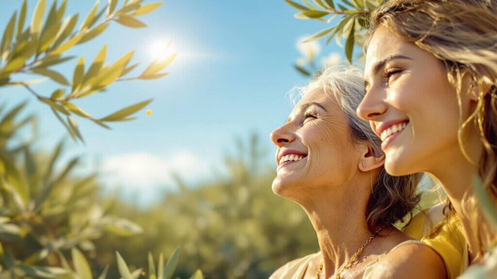 Dos mujeres sonriendo al aire libre bajo el sol, disfrutando de un día feliz en la naturaleza