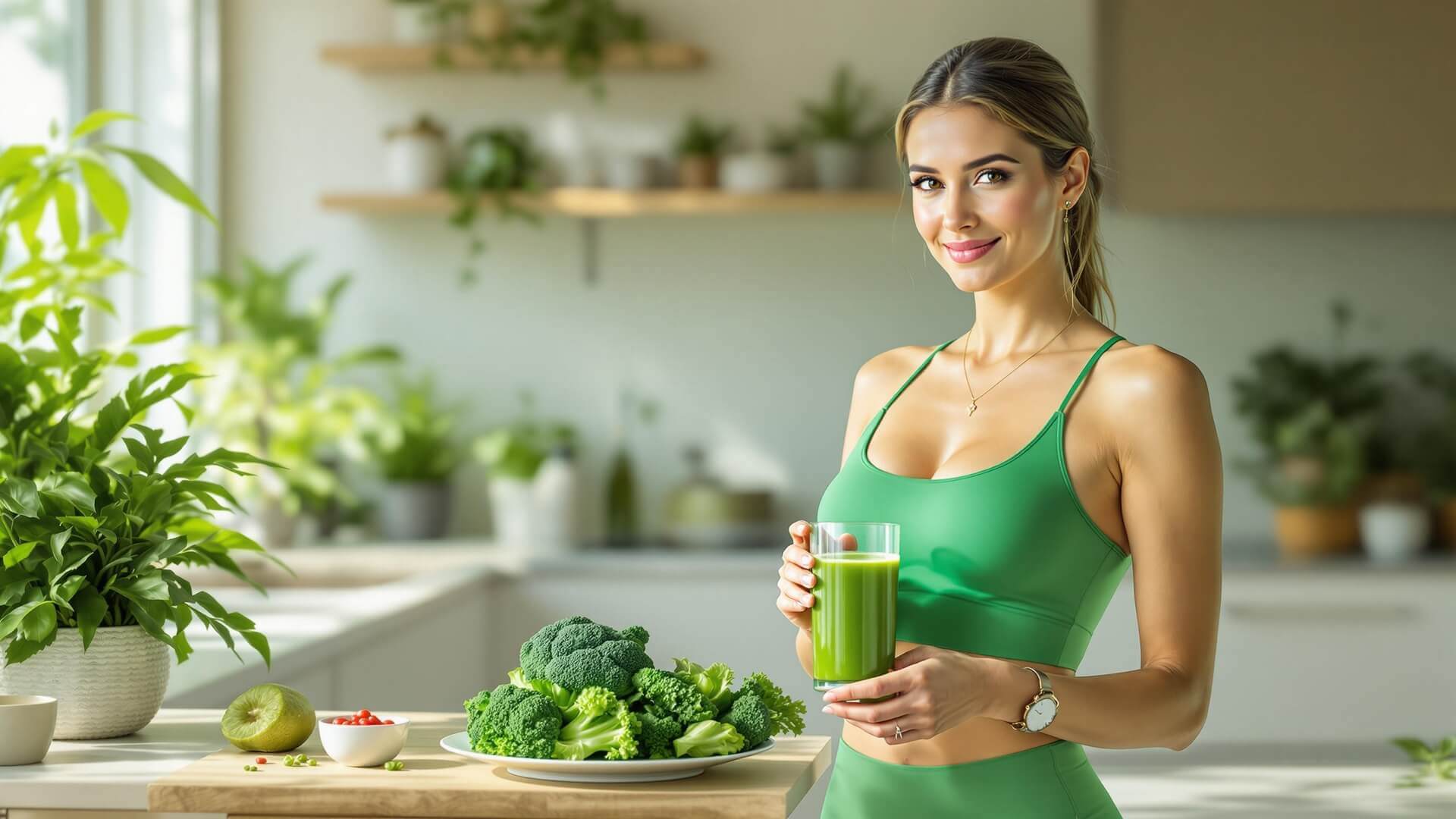 Mujer saludable con jugo verde y verduras frescas – estilo de vida keto