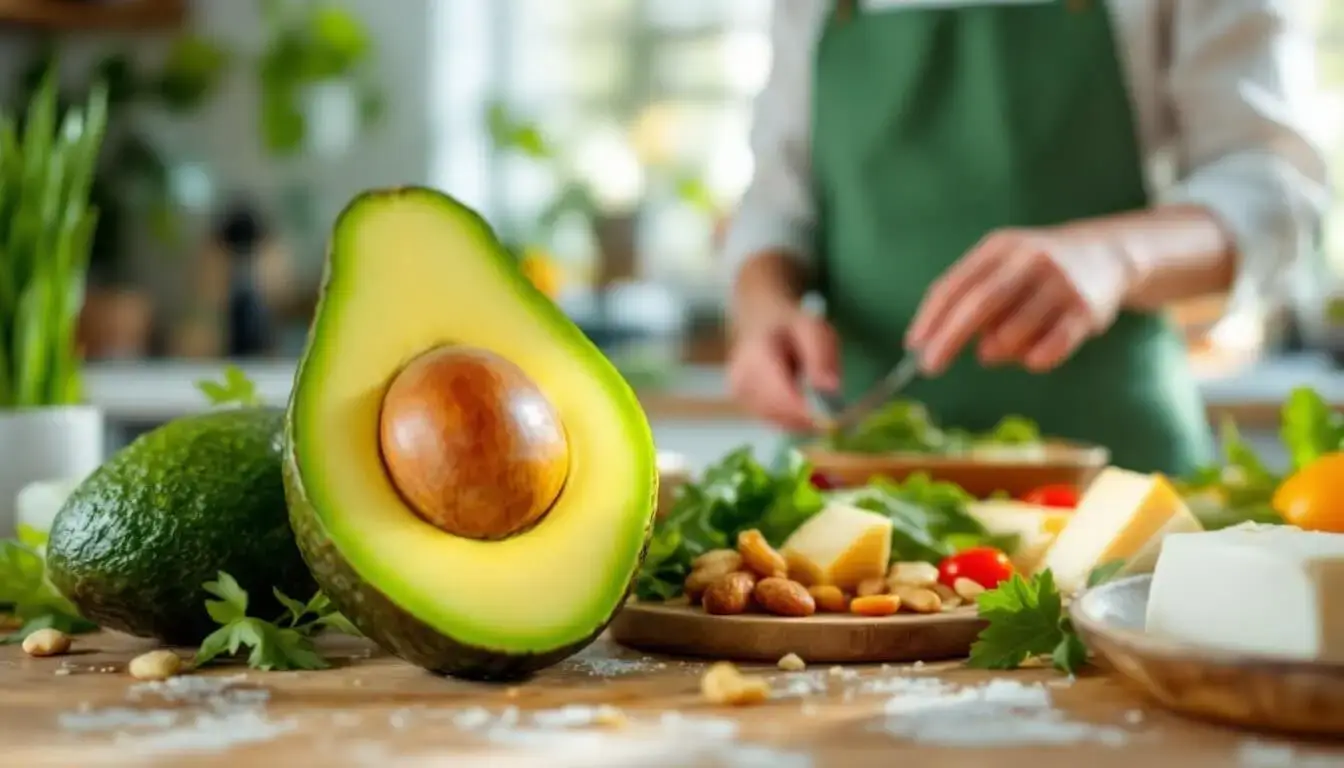 Aguacate y verduras frescas preparadas en una cocina saludable