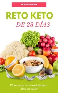 Portada del libro Reto Keto de 28 días con frutas y verduras.
