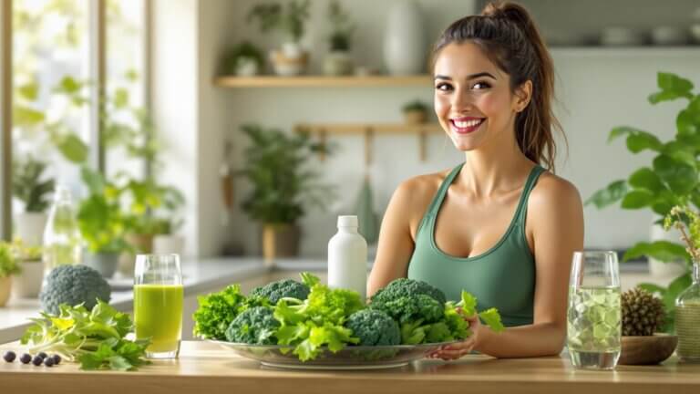 Mujer feliz preparando un batido verde keto en la cocina