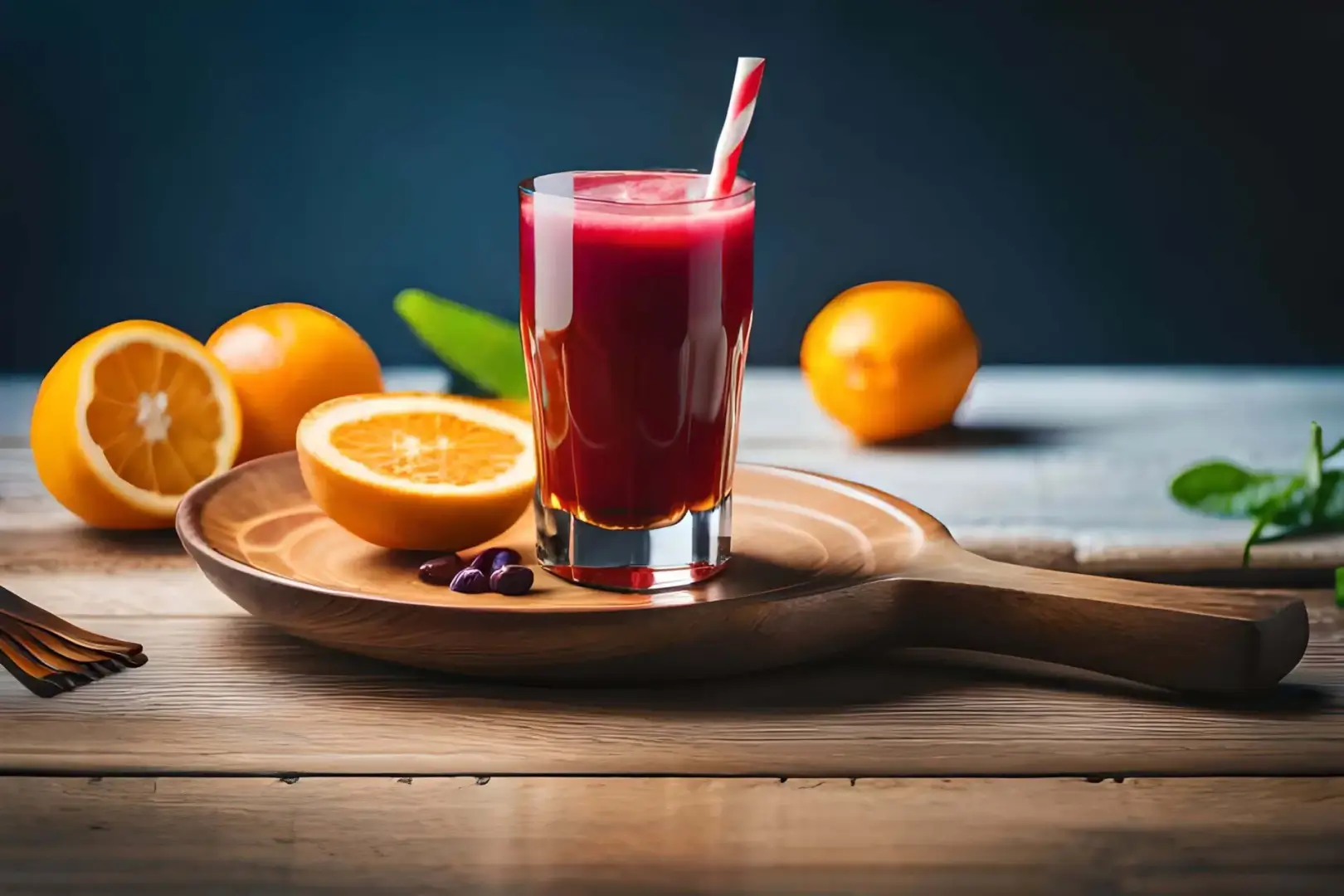 Vaso de jugo natural con naranjas y frutos rojos sobre una mesa de madera