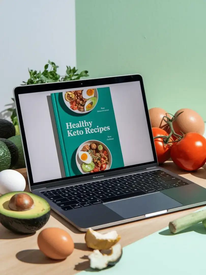Ebook de recetas Keto saludables Libro digital de recetas Keto mostrado en un portátil con ingredientes saludables alrededor